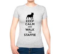 Keep Calm Walk The Staffie KC Dog Lovers Gift Ladies T Shirt Ladies Fit Large Grey Black Text