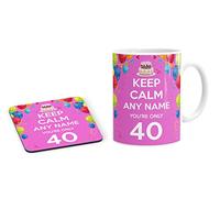 Keep Calm You're Only 40 Pink Personalised Custom Name Mug and Coaster Set Tea Coffe Cup Customised