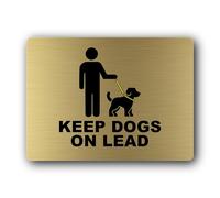 Keep Dogs on Lead Sign - 19x14cm Brushed Aluminium, Weatherproof, Self-Adhesive Gold Finish UV-Printed Pet Control Notice