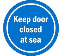 Keep door closed at sea sign. Floor sticker with blue background - Self adhesive floor graphic (400mm x 400mm)