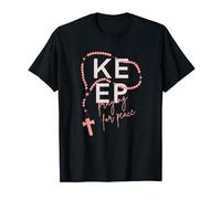Keep Praying for Peace typography rosary beads with cross T-Shirt