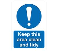 Keep this area clean and tidy mandatory safety sign - Size 100mm x 140mm - Self adhesive vinyl sticker - Denotes specific actions that must be adhered to (5)