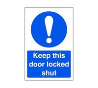 Keep this door locked shut - Fire safety signage, fire door signs - High tack self-adhesive sticker (150mm x 100mm) Viewing Distance within 3m.