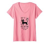 Keep Your Paws Where I Can See Them - Cute Cat V-Neck T-Shirt, Women, Pink, L