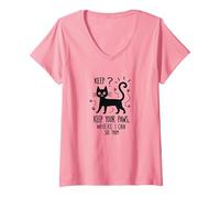 Keep Your Paws Where I Can See Them - Cute Cat V-Neck T-Shirt, Women, Pink, S
