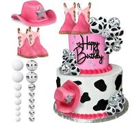 KEEPARTY 25PCS Pink Cowgirl Cake Toppers: Cowgirl Hat, Boot, Disco Ball & White Balls - Western, Birthday, Baby Shower Occasions