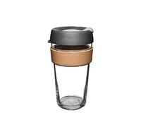 KeepCup Brew Cork, Reusable Tempered Glass Coffee Cup with Recovered Cork Band and Splashproof Lid, Barista Standard, BPA Free, Dishwasher Safe, 454ml 16oz Press