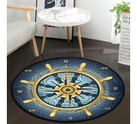 keepcute Blue Compass Rose Non-Slip Doormat Gold Nautical Theme Non-Slip Floor Mat Round Area Rug Carpet for Bedroom Living Room Study Playing Carpet,3' Diameter