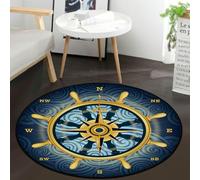 keepcute Blue Compass Rose Non-Slip Doormat Gold Nautical Theme Non-Slip Floor Mat Round Area Rug Carpet for Bedroom Living Room Study Playing Carpet, 5 ft