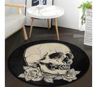 keepcute Round Skull Area Rug 3ft - Skull Rose Flower Black Round Carpet Non-Slip Rug Washable Floor Mats for Kitchen Bedroom Living Room, 3' x 3' Round