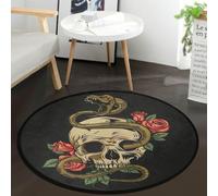 keepcute Snake Coiled Skull Round Area Rug,Snake Coiled Human Skull Roses Round Carpet Non-Slip Rug Washable Floor Mats for Kitchen Bedroom Living Room 3' Diameter