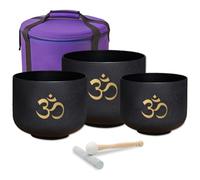 keepdrum OM Pro Quartz Singing Bowl Set, Black, 3 Chakras Set with Accessories