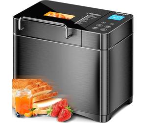 KEEPEEZ 2LB 710W Convection Bread Maker Dual Heaters, 17-in-1 Stainless Steel Automatic Bread Machine Ceramic Pan, Nut Dispenser, Smart Touch Panel, 3 Crust Colors, 15H Timer, Keep Warm, Low Noise