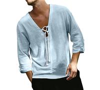 keephen Cotton Linen Lace Up T-Shirt for Mens Vintage 3/4 Sleeve Sleeve Shirt Gothic Retro V-Neck Yoga Beach Tops