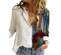keephen Fashion Women Stitching Retro Abstract Face Printed Shirt Long Sleeve Blouse Lapel Button Casual Tops Shirt Blue