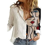keephen Fashion Women Stitching Retro Abstract Face Printed Shirt Long Sleeve Blouse Lapel Button Casual Tops Shirt Black