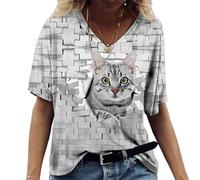 keephen Fashion Women's Y2k T-Shirt V-Neck Top Cat Printed Girls Harajuku Pullover Short Sleeve Summer Casual Wear