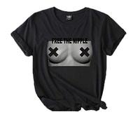 keephen Fun Text Free The Nipple Print Loose Round Neck t-Shirt Summer New Nipple Liberation Movement Feminism t-Shirt Black