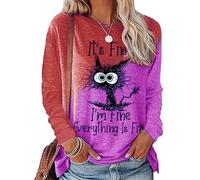keephen It's Fine I'm Fine Everything is Fine T-Shirt Women's Funny Cat 3D Printed T-Shirt Long Sleeve Casual Loose Blouse Top