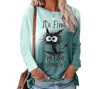 keephen It's Fine I'm Fine Everything is Fine T-Shirt Women's Funny Cat 3D Printed T-Shirt Long Sleeve Casual Loose Blouse Top