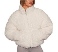 keephen Ladies Winter Plush Cardigan Short Jacket Top Full Zipper Lamb Wool Jacket Women Plush Jacket Creamy-White