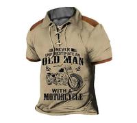 keephen Men Lace Up Polo Shirts Retro Motorcycle 3D Print Turn-Down Collar Short Sleeve T-Shirt Casual Lapel Top Vintage Outdoor Street Pullover Brown