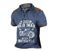 keephen Men Lace Up Polo Shirts Retro Motorcycle 3D Print Turn-Down Collar Short Sleeve T-Shirt Casual Lapel Top Vintage Outdoor Street Pullover Blue