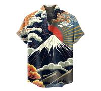 keephen Men Stand Collar Short Sleeve Shirts Fashion 3D Printed Blue Wave Pattern Button Down Shirt Hawaii Summer Casual Tops Outdoor Street Blouse