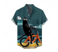keephen Men Stand Collar Short Sleeve Shirts Fashion 3D Printed Cartoon Cat Pattern Button Down Shirt Hawaii Summer Casual Tops Outdoor Street Blouse