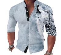 keephen Men Wolf Printed Shirt Vintage Slim Fit Long Sleeve Shirts Fashion Casual Button Down Stand Collar Blouse Outdoor Street Top Blue