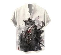 keephen Men's Casual Stand Collar Shirts Japanese Samurai Cat 3D Printed Shirts Short Sleeve Button Down Blouse Beach Holiday Tops