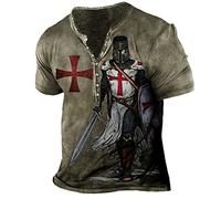 keephen Men's Distressed Henley Shirt Knight Templar 3D Printed Short Sleeve T Shirts Vintage Casual Sports Tshirt Tops