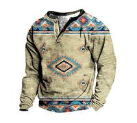 keephen Men's Distressed Henley Shirt Tribal Ethnic T Shirts 3D Printed Long Sleeve Vintage Casual Sports Tshirt