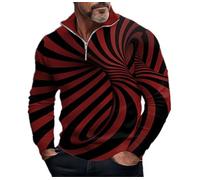 keephen Men's Distressed Polo 3D Optical Illusion Pattern Stand Collar Half Zip Long Sleeve Polo Shirt Fashion Vintage Outdoor Street Top Red