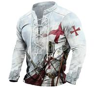 keephen Men's Knight Templar Printed T-Shirt Long Sleeve Distressed Henley Shirts V Neck Lace Up Stand Collar Retro T-Shirt