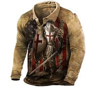 keephen Men's Knights Templar Polo T-Shirt Retro Print Long Sleeve V-Neck Crusader T Shirt Biker Motorcycle Tops