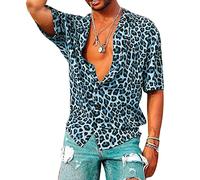 keephen Men's Leopard Printed Shirts Button Down Short Sleeve Hawaiian Beach Shirt Blue