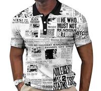 keephen Men's Newspaper Pattern 3D Printed Street Shirt Summer Fashion Simple Polo Shirt Retro Casual Lapel Button Short Sleeve T-Shirt