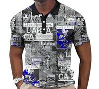 keephen Men's Newspaper Pattern 3D Printed Street Shirt Summer Fashion Simple Polo Shirt Retro Casual Lapel Button Short Sleeve T-Shirt