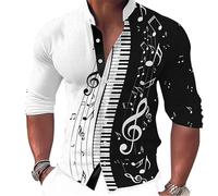 keephen Men's Retro Shirt Musical Instrument Music Notes Print Button Down Long Sleeve Shirts Regular Slim Fit Stand Collar Blouse Hawaiian Beach Top White