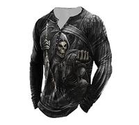 keephen Men's Skull Graphic Print T-Shirt Retro V-Neck Long Sleeve Henley Shirts Gothic Button Down Vintage Tops