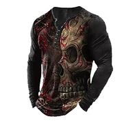 keephen Men's Skull Graphic Print T-Shirt Retro V-Neck Long Sleeve Henley Shirts Gothic Button Down Vintage Tops