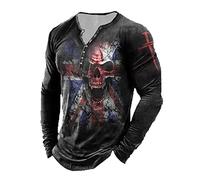 keephen Men's Skull Graphic Print T-Shirt Retro V-Neck Long Sleeve Henley Shirts Gothic Button Down Vintage Tops
