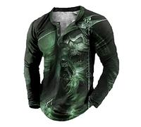 keephen Men's Skull Graphic Print T-Shirt Retro V-Neck Long Sleeve Henley Shirts Gothic Button Down Vintage Tops