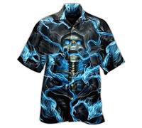 keephen Men's Summer Shirt Gothic Skull Short Sleeve Shirts Fashion Vintage Horror Skeleton Printed T Shirt Summer Regular Button Casual Beach Blouse Streetwear Top Blue