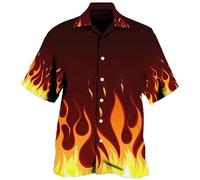 keephen Men's Summer Shirt Retro 3D Fire Flame Printed Blouse Lapel Button Down Short Sleeve T Shirts Holiday Party Beach Shirts