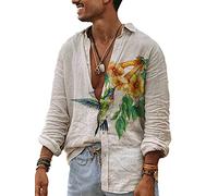keephen Men's Vintage Butterfly Printed Distressed Shirt Autumn Casual Long Sleeve Button Lapel Slim Fit Tops