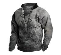 keephen Men's Vintage Sweatshirt Stand Collar Long Sleeve Henley Shirts Fashion 3D Wolf Printed T Shirt Casual Outdoor Tactical Top Grey