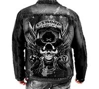 keephen Men's Washed Denim Jacket Gothic Skull Printing Denim Jacket Outwear Casual Slim Fit Western Denim Jacket with Pocket