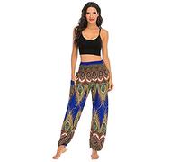 keephen Women's Baggy Thai Fisherman Yoga Pants Peacock Feather Pattern High Waist Trousers Holiday Harem Hippie Trousers